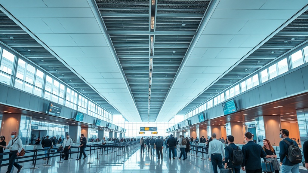 국제공항 입국장의 입국 심사대와 대기 승객